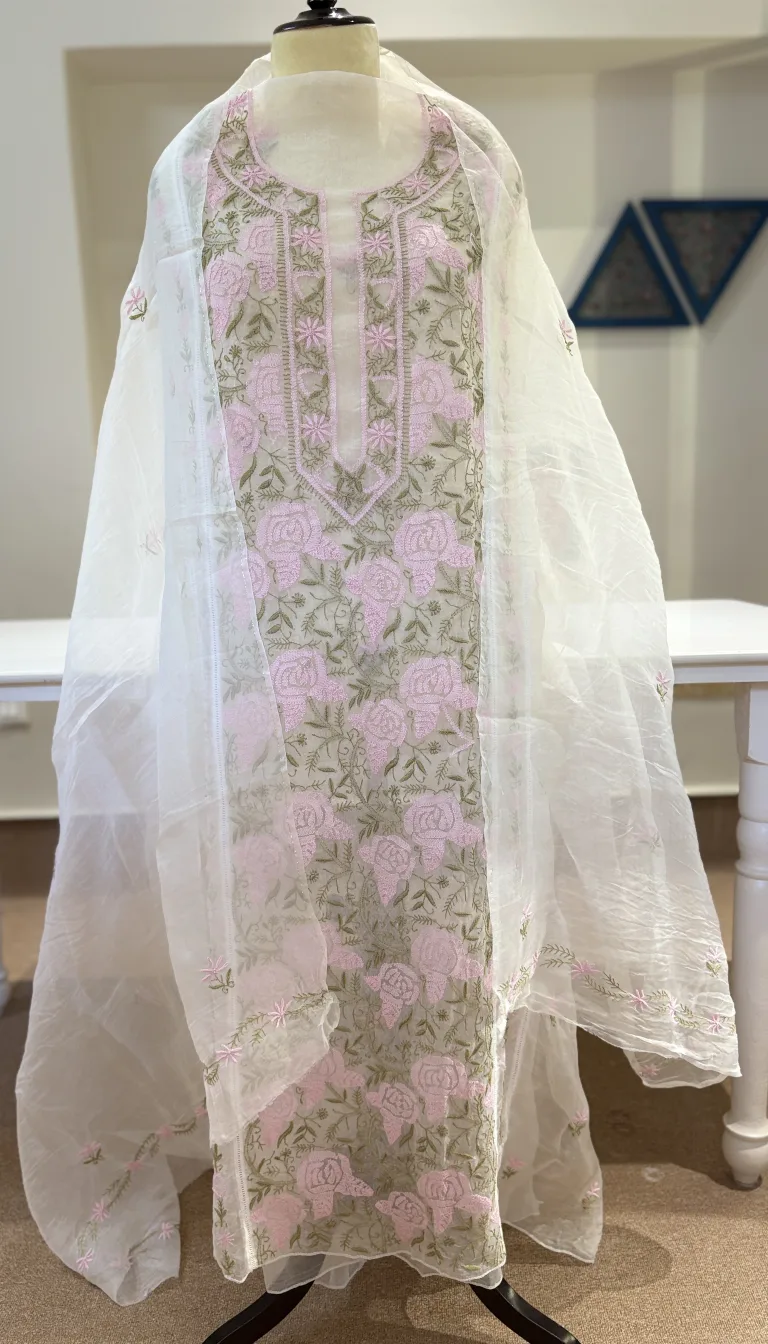 Blush Rose Organza Chikankari Pearl Set