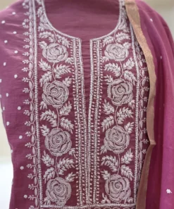 Alternative view of Rose Wine Pearl Mul Chanderi Chikankari Set