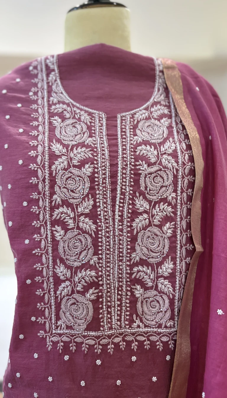 Alternative view of Rose Wine Pearl Mul Chanderi Chikankari Set