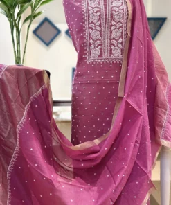 Rose Wine Pearl Mul Chanderi Chikankari Set