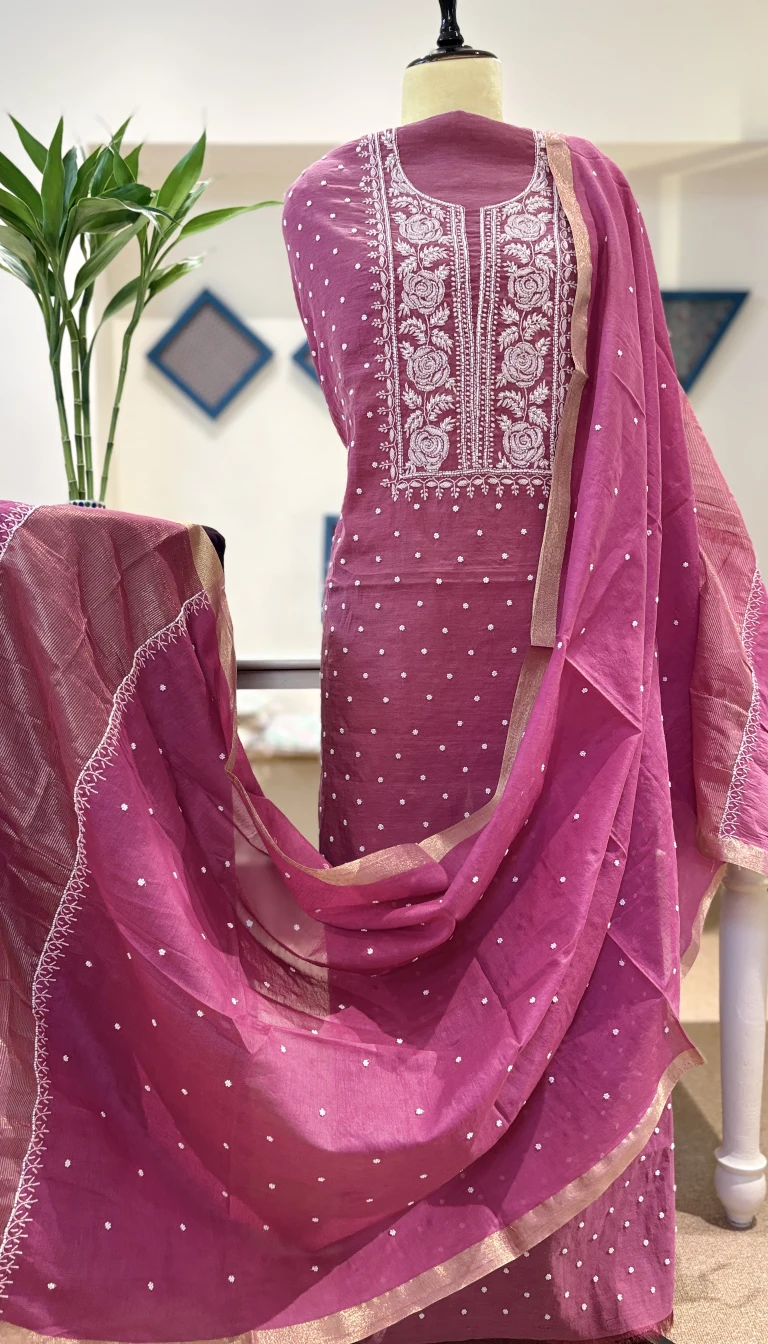 Rose Wine Pearl Mul Chanderi Chikankari Set