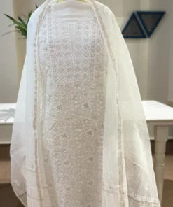 White Mul Chanderi Chikankari Suit