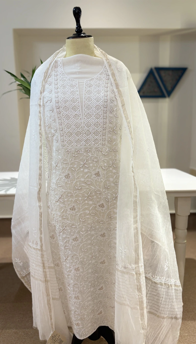 White Mul Chanderi Chikankari Suit