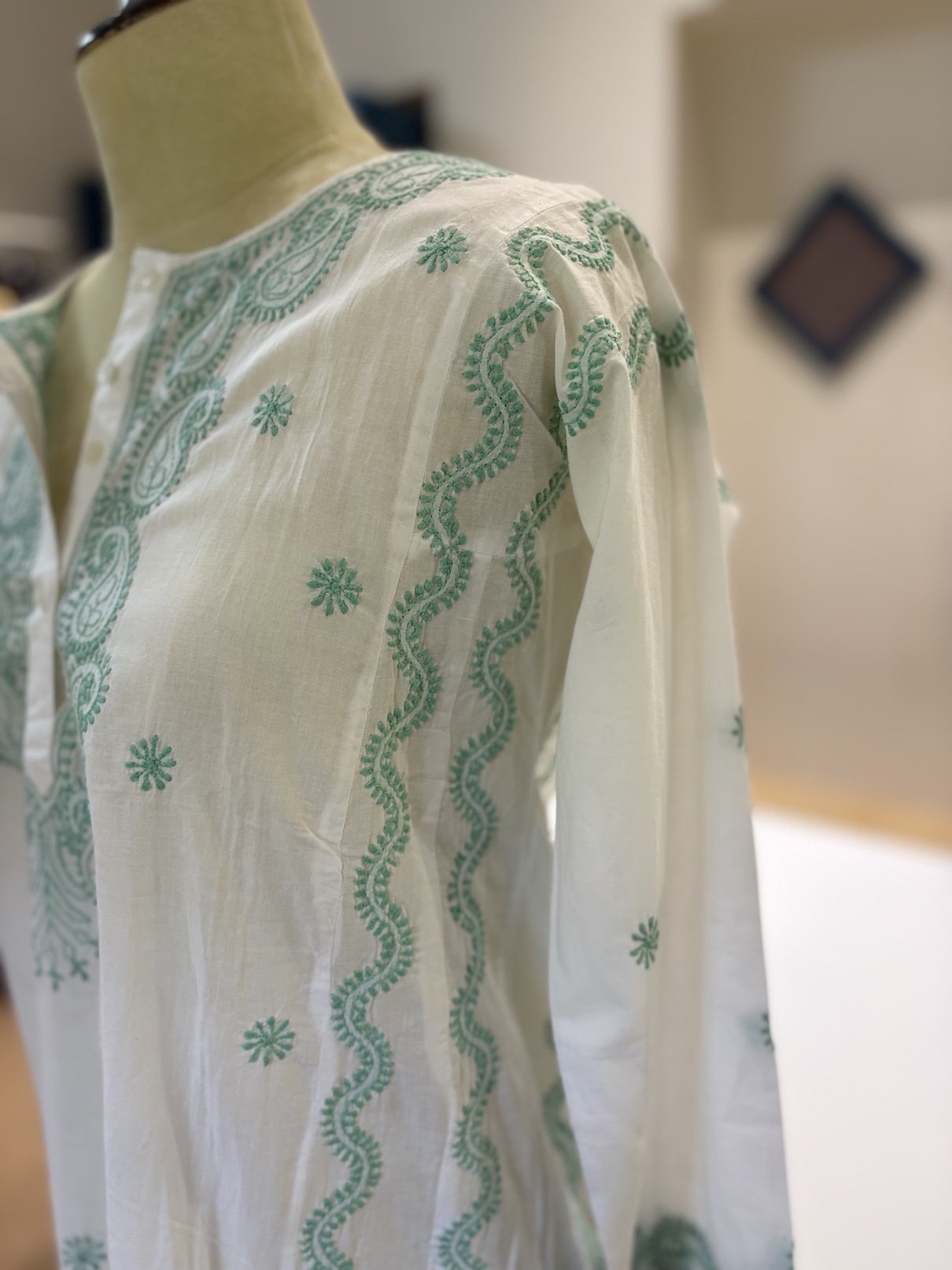 White Mint Handwork Chikankari Short Kurti - Image 3