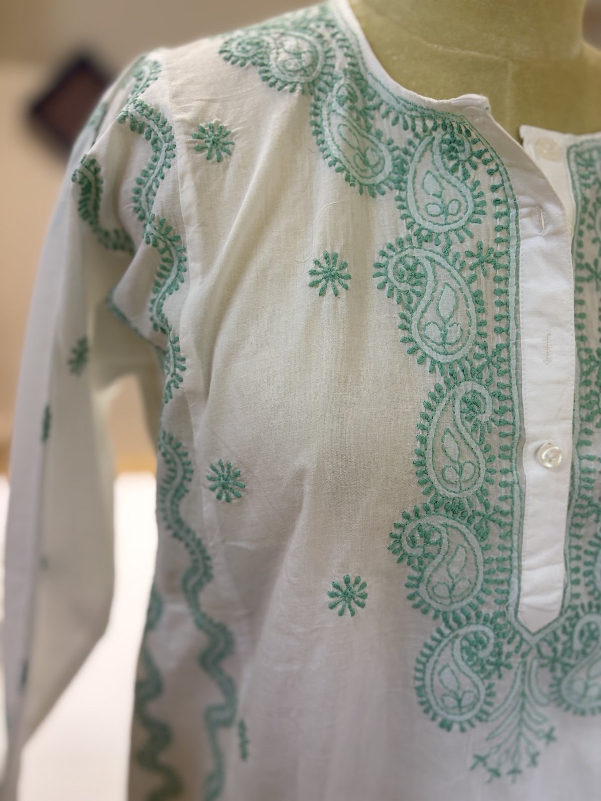 White Mint Handwork Chikankari Short Kurti - Image 2