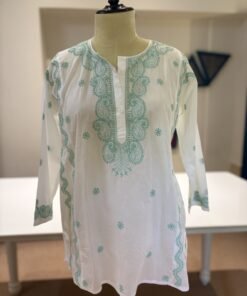 White Mint Handwork Chikankari Short Kurti