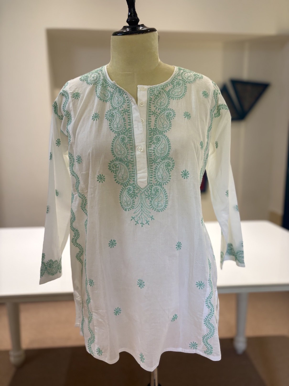 White Mint Handwork Chikankari Short Kurti